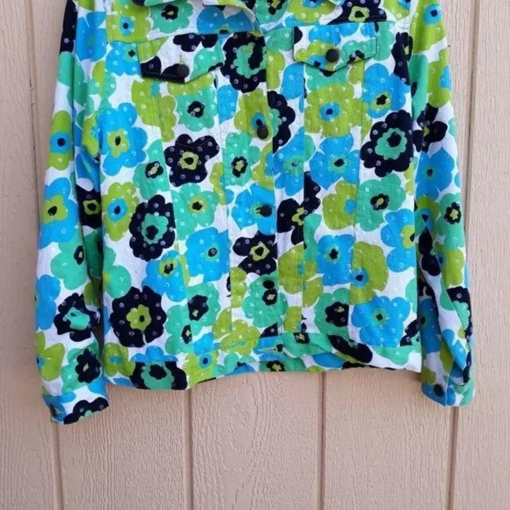 Whimsical 70's Flower Sequin Shaket Jean Jacket Floral Button Down Pockets Sz 10
